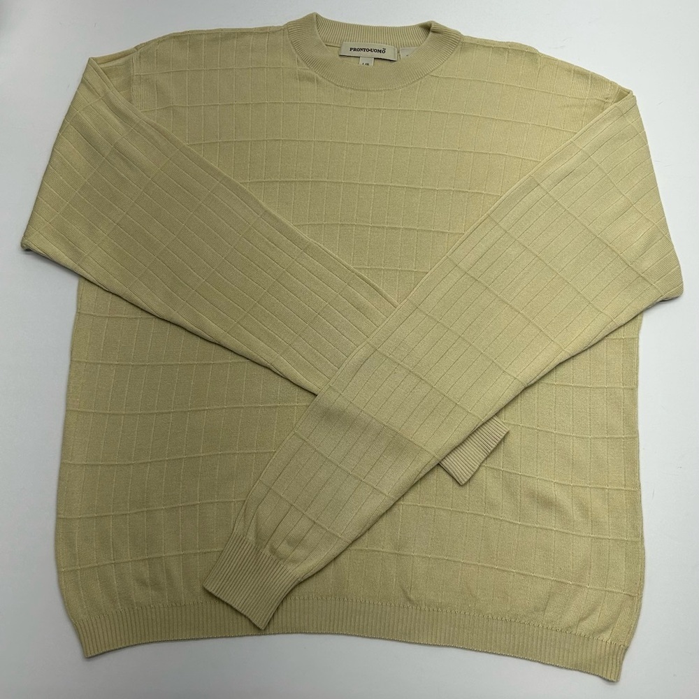 Pronto Uomo Men’s 100% Silk Beige Crewneck Textured Sweater LG Luxury